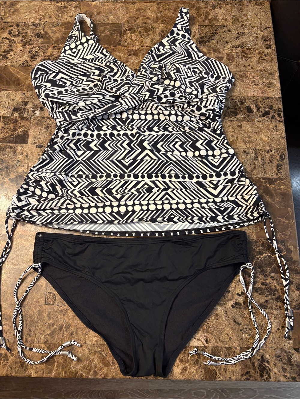 Black & White Printed Tankini with Solid Black Bikini Bottom - Women’s